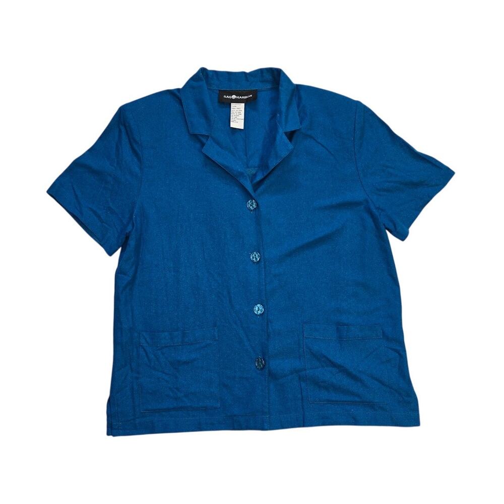 Vintage Sag Harbor Blue 100% Silk Button Up Blouse Small Short Sleeve Pocket